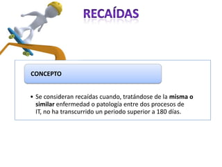 CONCEPTO


• Se consideran recaídas cuando, tratándose de la misma o
  similar enfermedad o patología entre dos procesos de
  IT, no ha transcurrido un periodo superior a 180 días.
 