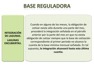 Cuando en alguno de los meses, la obligación de
                    cotizar exista sólo durante una parte del mes,
                   procederá la integración señalada en el párrafo
INTEGRACIÓN
DE LAGUNAS.         anterior por la parte del mes en que no exista
               obligación de cotizar siempre que la base de cotización
  LAGUNAS
                  correspondiente al primer período no alcance la
ENCUBIERTAS.
                 cuantía de la base mínima mensual señalada. En tal
                supuesto, la integración alcanzará hasta esta última
                                        cuantía.
 