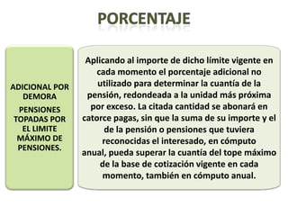 Aplicando al importe de dicho límite vigente en
                    cada momento el porcentaje adicional no
ADICIONAL POR       utilizado para determinar la cuantía de la
   DEMORA        pensión, redondeada a la unidad más próxima
 PENSIONES        por exceso. La citada cantidad se abonará en
TOPADAS POR     catorce pagas, sin que la suma de su importe y el
  EL LIMITE           de la pensión o pensiones que tuviera
 MÁXIMO DE           reconocidas el interesado, en cómputo
 PENSIONES.
                anual, pueda superar la cuantía del tope máximo
                     de la base de cotización vigente en cada
                     momento, también en cómputo anual.
 