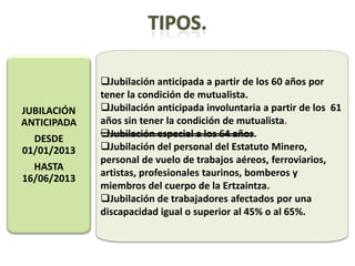Jubilación anticipada a partir de los 60 años por
             tener la condición de mutualista.
JUBILACIÓN   Jubilación anticipada involuntaria a partir de los 61
ANTICIPADA   años sin tener la condición de mutualista.
  DESDE      Jubilación especial a los 64 años.
01/01/2013   Jubilación del personal del Estatuto Minero,
             personal de vuelo de trabajos aéreos, ferroviarios,
  HASTA
             artistas, profesionales taurinos, bomberos y
16/06/2013
             miembros del cuerpo de la Ertzaintza.
             Jubilación de trabajadores afectados por una
             discapacidad igual o superior al 45% o al 65%.
 