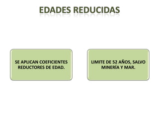 SE APLICAN COEFICIENTES   LIMITE DE 52 AÑOS, SALVO
 REDUCTORES DE EDAD.           MINERÍA Y MAR.
 