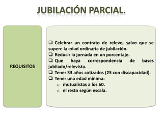  Celebrar un contrato de relevo, salvo que se
             supere la edad ordinaria de jubilación.
              Reducir la jornada en un porcentaje.
              Que haya correspondencia de bases
REQUISITOS   jubilado/relevista.
              Tener 33 años cotizados (25 con discapacidad).
              Tener una edad mínima:
                 o mutualistas a los 60.
                 o el resto según escala.
 
