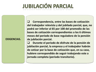  Correspondencia, entre las bases de cotización
              del trabajador relevista y del jubilado parcial, que, no
              podrá ser inferior al 65 por 100 del promedio de las
              bases de cotización correspondientes a los 6 últimos
              meses del periodo de base reguladora de la pensión
EXIGENCIAS.   de jubilación parcial.
               Durante el periodo de disfrute de la pensión de
              jubilación parcial, la empresa y el trabajador habrán
              de cotizar por la base de cotización que, en su caso,
              hubiere correspondido de seguir trabajando este a
              jornada completa (periodo transitorio).
 