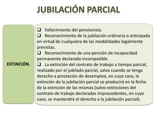  Fallecimiento del pensionista.
              Reconocimiento de la jubilación ordinaria o anticipada
             en virtud de cualquiera de las modalidades legalmente
             previstas.
              Reconocimiento de una pensión de incapacidad
             permanente declarada incompatible.
EXTINCIÓN.    La extinción del contrato de trabajo a tiempo parcial,
             realizado por el jubilado parcial, salvo cuando se tenga
             derecho a prestación de desempleo, en cuyo caso, la
             extinción de la jubilación parcial se producirá en la fecha
             de la extinción de las mismas (salvo extinciones del
             contrato de trabajo declaradas improcedentes, en cuyo
             caso, se mantendrá el derecho a la jubilación parcial).
 