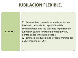  Se considera como situación de jubilación
           flexible la derivada de la posibilidad de
           compatibilizar, una vez causada, la pensión de
CONCEPTO   jubilación con un contrato a tiempo parcial,
           dentro de los límites de jornada.
            Límites de reducción de jornada: mínimo del
           25% y máximo del 75%
 