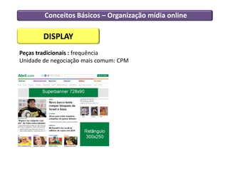 Conceitos Básicos – Organização mídia online
DISPLAY
Peças tradicionais : frequência
Unidade de negociação mais comum: CPM
 