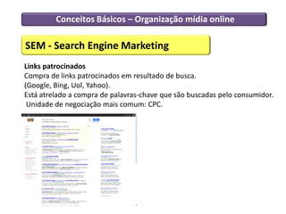 Conceitos Básicos – Organização mídia online
SEM - Search Engine Marketing
Links patrocinados
Compra de links patrocinados em resultado de busca.
(Google, Bing, Uol, Yahoo).
Está atrelado a compra de palavras-chave que são buscadas pelo consumidor.
Unidade de negociação mais comum: CPC.
 