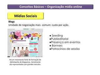 Conceitos Básicos – Organização mídia online
Mídias Sociais
Blogs
Unidade de negociação mais comum: custo por ação.
● Seeding
●Publieditorial
●Presença em eventos
● Banners
●Patrocínios de sessão
Há um movimento forte de formação de
Adnetworks de blogueiras. Geralmente
são representadas por grandes veículos.
 