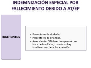 • Perceptores de viudedad.
BENEFICIARIOS   • Perceptores de orfandad.
                • Ascendientes SIN derecho a pensión en
                  favor de familiares, cuando no hay
                  familiares con derecho a pensión.
 