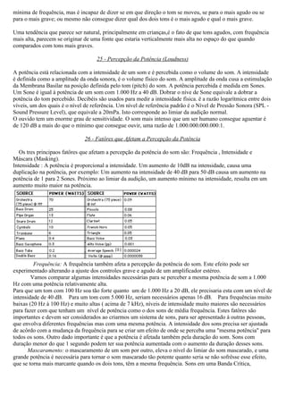 mínima de frequência, mas é incapaz de dizer se em que direção o tom se moveu, se para o mais agudo ou se
para o mais grave; ou mesmo não consegue dizer qual dos dois tons é o mais agudo e qual o mais grave.

Uma tendência que parece ser natural, principalmente em crianças,é o fato de que tons agudos, com frequência
mais alta, parecem se originar de uma fonte que estaria verticalmente mais alta no espaço do que quando
comparados com tons mais graves.

                                    25 - Percepção da Potência (Loudness)

A potência está relacionada com a intensidade de um som e é percebida como o volume do som. A intensidade
é definida como a amplitude da onda sonora, é o volume físico do som. A amplitude da onda cusa a estimulação
da Membrana Basilar na posição definida pelo tom (pitch) do som. A potência percebida é medida em Sones.
Um Sone é igual à potência de um som com 1.000 Hz a 40 dB. Dobrar o níve de Sone equivale a dobrar a
potência do tom percebido. Decibéis são usados para medir a intensidade física. ë a razão logarítmica entre dois
víveis, um dos quais é o nível de referência. Um nível de referência padrão é o Nível de Pressão Sonora (SPL -
Sound Pressure Level), que equivale a 20mPa. Isto corresponde ao limiar da audição normal.
O ouvido tem um enorme grau de sensitividade. O som mais intenso que um ser humano consegue aguentar é
de 120 dB a mais do que o mínimo que consegue ouvir, uma razão de 1.000.000.000.000:1.

                               26 - Fatôres que Afetam a Percepção da Potência

   Os tres principaos fatôres que afetam a percepção da potência do som são: Frequência , Intensidade e
Máscara (Masking).
Intensidade : A potência é proporcional a intensidade. Um aumento de 10dB na intensidade, causa uma
duplicação na potência, por exemplo: Um aumento na intensidade de 40 dB para 50 dB causa um aumento na
potência de 1 para 2 Sones. Próximo ao limiar da audição, um aumento mínimo na intensidade, resulta em um
aumento muito maior na potência.




         Frequência: A frequência também afeta a percepção da potência do som. Este efeito pode ser
experimentado alterando a ajuste dos controles grave e agudo de um amplificador estéreo.
        Vamos comparar algumas intensidades necessárias para se perceber a mesma potência de som a 1.000
Hz com uma potência relativamente alta.
Para que um tom com 100 Hz soa tão forte quanto um de 1.000 Hz a 20 dB, ele precisaria esta com um nível de
intensidade de 40 dB. Para um tom com 5.000 Hz, seriam necessários apenas 16 dB. Para frequências muito
baixas (20 Hz à 100 Hz) e muito altas ( acima de 7 kHz), níveis de intensidade muito maiores são necessários
para fazer com que tenham um nível de potência como o dos sons de média frequência. Estes fatôres são
importantes e devem ser considerados ao criarmos um sistema de sons, para ser apresentado à outras pessoas,
que envolva diferentes frequências mas com uma mesma potência. A intensidade dos sons precisa ser ajustada
de acôrdo com a mudança da frequência para se criar um efeito de onde se perceba uma "mesma potência" para
todos os sons. Outro dado importante é que a potência é afetada também pela duração do som. Sons com
duração menor do que 1 segundo podem ter sua potência aumentada com o aumento da duração desses sons.
      Mascaramento: o mascaramento de um som por outro, eleva o nível do limiar do som mascarado, e uma
grande potência é necessária para tornar o som mascarado tão potente quanto seria se não sofrêsse esse efeito,
que se torna mais marcante quando os dois tons, têm a mesma frequência. Sons em uma Banda Crítica,
 