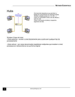 NETWOK ESSENTIALS
www.pedrojesus.net
Hubs
•Os hubs são dispositivos que permitem a
ligação de computadores em tiplologia estrela
•Contêm múltiplas portas (4, 8, 12, 24, ...)
•Caso um computador avarie, ele não afecta o
resto da rede
•Caso o hub avarie só afecta o respectivo
segmento de rede.
•Existem 2 tipos de hubs:
–Hubs passivos – enviam o sinal directamente para a porta sem qualquer tipo de
processamento
–Hubs activos – por vezes denominados repetidores multiportas que recebem o sinal,
processa-os e retransmite-os na sua forma original
12
 