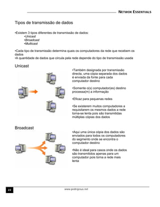 NETWOK ESSENTIALS
www.pedrojesus.net
Tipos de transmissão de dados
•Existem 3 tipos diferentes de transmissão de dados:
•Unicast
•Broadcast
•Multicast
•Cada tipo de transmissão determina quais os computadores da rede que recebem os
dados
•A quantidade de dados que circula pela rede depende do tipo de transmissão usada
Unicast
•Também designada por transmissão
directa, uma cópia separada dos dados
é enviada da fonte para cada
computador destino
•Somente o(s) computador(es) destino
processa(m) a informação
•Eficaz para pequenas redes
•Se existerem muitos computadores a
requisitarem os mesmos dados a rede
torna-se lenta pois são transmitidas
múltiplas cópias dos dados
Broadcast
•Aqui uma única cópia dos dados são
enviados para todos os computadores
do segmento onde se encontra o
computador destino
•Não é ideal para casos onde os dados
são transmitidos apenas para um
computador pois torna a rede mais
lenta
22
 