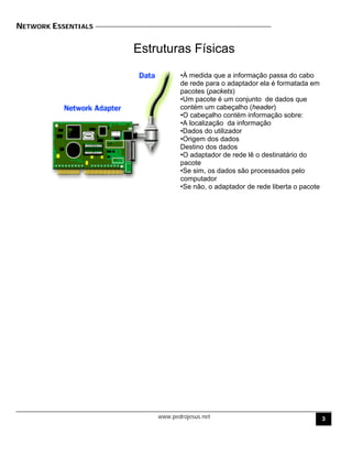 NETWORK ESSENTIALS
Estruturas Físicas
•À medida que a informação passa do cabo
de rede para o adaptador ela é formatada em
pacotes (packets)
•Um pacote é um conjunto de dados que
contém um cabeçalho (header)
•O cabeçalho contém informação sobre:
•A localização da informação
•Dados do utilizador
•Origem dos dados
Destino dos dados
•O adaptador de rede lê o destinatário do
pacote
•Se sim, os dados são processados pelo
computador
•Se não, o adaptador de rede liberta o pacote
www.pedrojesus.net 3
 