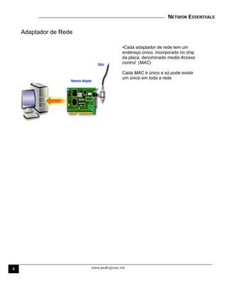 NETWOK ESSENTIALS
www.pedrojesus.net
Adaptador de Rede
•Cada adaptador de rede tem um
endereço único, incorporado no chip
da placa, denominado media Access
control (MAC)
Cada MAC é único e só pode existir
um único em toda a rede
4
 