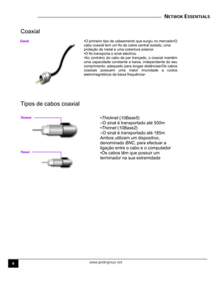 NETWOK ESSENTIALS
www.pedrojesus.net
Coaxial
•O primeiro tipo de cabeamento que surgiu no mercado•O
cabo coaxial tem um fio de cobre central isolado, uma
proteção de metal e uma cobertura exterior
•O fio transporta o sinal eléctrico
•Ao contrário do cabo de par trançado, o coaxial mantém
uma capacidade constante e baixa, independente do seu
comprimento; adequado para longas distâncias•Os cabos
coaxiais possuem uma maior imunidade a ruídos
eletromagnéticos de baixa frequência•
Tipos de cabos coaxial
•Thicknet (10Base5)
–O sinal é transportado até 500m
•Thinnet (10Base2)
–O sinal é transportado até 185m
Ambos utilizam um dispositivo,
denominado BNC, para efectuar a
ligação entre o cabo e o computador
•Os cabos têm que possuir um
terminador na sua extremidade
6
 