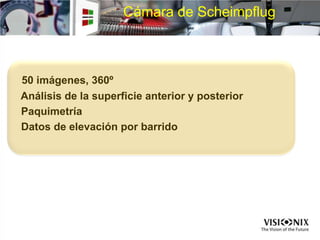 Cámara de Scheimpflug
50 imágenes, 360º
Análisis de la superficie anterior y posterior
Paquimetría
Datos de elevación por barrido
 