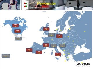 Presencia
CAN
8
USA
37
UK
19
DE
45
FR
72
ES
19
PT
9
IT
52
CH
5
AT
7
BE
10
Brazil
7
Australia
5
 