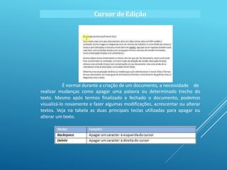 Cursor deEdição
É normal durante a criação de um documento, a necessidade de
realizar mudanças como apagar uma palavra ou determinado trecho do
texto. Mesmo após termos finalizado e fechado o documento, podemos
visualizá-lo novamente e fazer algumas modificações, acrescentar ou alterar
textos. Veja na tabela as duas principais teclas utilizadas para apagar ou
alterar um texto.
 