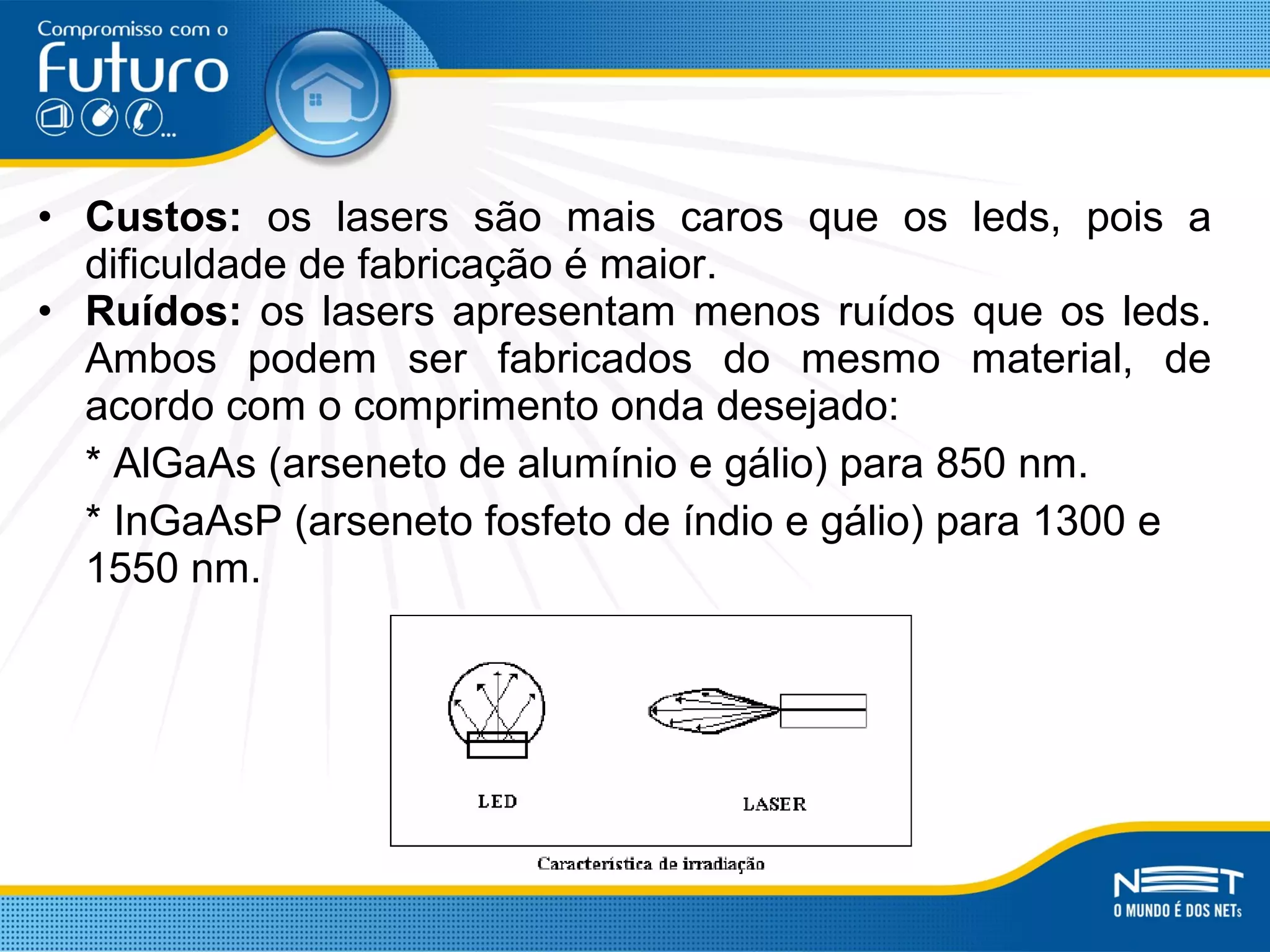• Custos: os lasers são mais caros que os leds, pois a
dificuldade de fabricação é maior.
• Ruídos: os lasers apresentam menos ruídos que os leds.
Ambos podem ser fabricados do mesmo material, de
acordo com o comprimento onda desejado:
* AlGaAs (arseneto de alumínio e gálio) para 850 nm.
* InGaAsP (arseneto fosfeto de índio e gálio) para 1300 e
1550 nm.
 