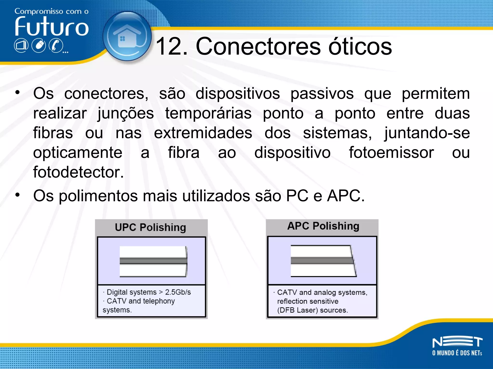 12. Conectores óticos
• Os conectores, são dispositivos passivos que permitem
realizar junções temporárias ponto a ponto entre duas
fibras ou nas extremidades dos sistemas, juntando-se
opticamente a fibra ao dispositivo fotoemissor ou
fotodetector.
• Os polimentos mais utilizados são PC e APC.
 