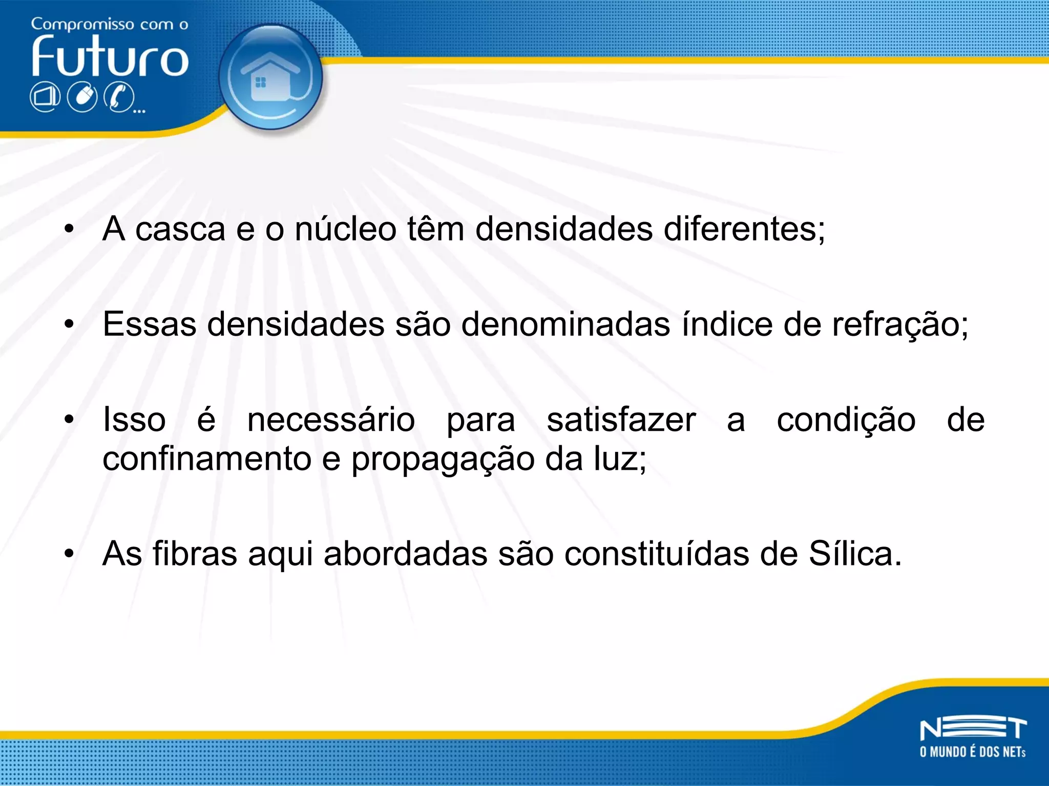 • A casca e o núcleo têm densidades diferentes;
• Essas densidades são denominadas índice de refração;
• Isso é necessário para satisfazer a condição de
confinamento e propagação da luz;
• As fibras aqui abordadas são constituídas de Sílica.
 