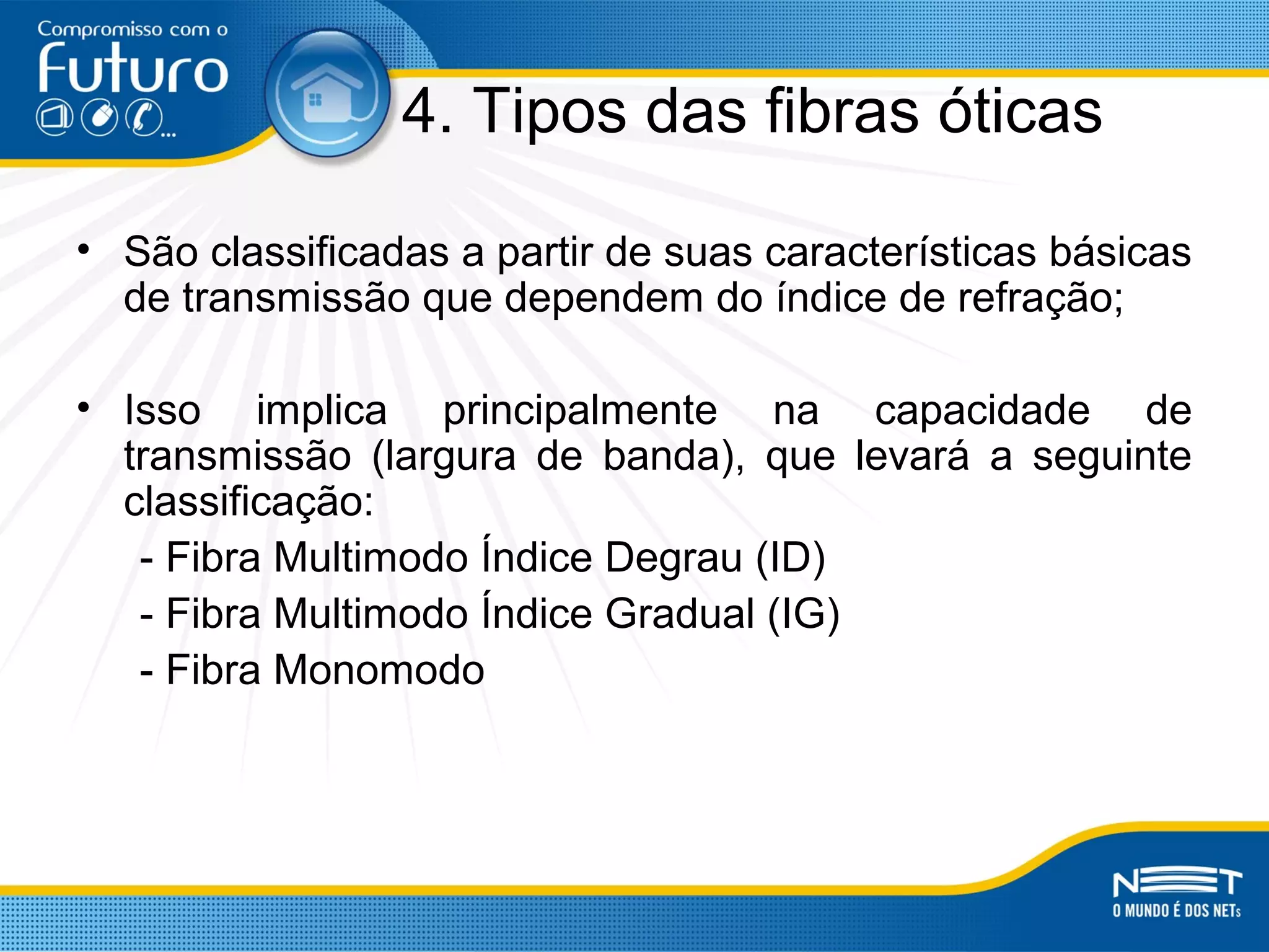 4. Tipos das fibras óticas
• São classificadas a partir de suas características básicas
de transmissão que dependem do índice de refração;
• Isso implica principalmente na capacidade de
transmissão (largura de banda), que levará a seguinte
classificação:
- Fibra Multimodo Índice Degrau (ID)
- Fibra Multimodo Índice Gradual (IG)
- Fibra Monomodo
 