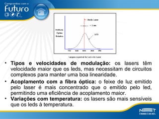 • Tipos e velocidades de modulação: os lasers têm
velocidade maior que os leds, mas necessitam de circuitos
complexos para manter uma boa linearidade.
• Acoplamento com a fibra óptica: o feixe de luz emitido
pelo laser é mais concentrado que o emitido pelo led,
permitindo uma eficiência de acoplamento maior.
• Variações com temperatura: os lasers são mais sensíveis
que os leds à temperatura.
 