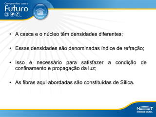 • A casca e o núcleo têm densidades diferentes;
• Essas densidades são denominadas índice de refração;
• Isso é necessário para satisfazer a condição de
confinamento e propagação da luz;
• As fibras aqui abordadas são constituídas de Sílica.
 