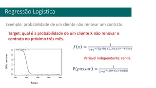 Regressão Logística
𝑓 𝑥 =
1
1+𝑒−(𝑏0+𝑏1𝑥1+𝑏2𝑥2+⋯+𝑏2𝑥2
Exemplo: probabilidade de um cliente não renovar um contrato
Target: qual é a probabilidade de um cliente X não renovar o
contrato no próximo três mês.
P 𝑝𝑎𝑠𝑠𝑎𝑟 =
1
1+𝑒−(20+0,1.𝑟𝑒𝑛𝑑𝑎)
Variável independente: renda.
horas
Não
renovar
 