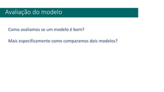 Avaliação do modelo
Como avaliamos se um modelo é bom?
Mais especificamente como comparamos dois modelos?
 