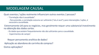 Quais eventos / ações realmente influenciam outros eventos / pessoas?
- “Correlação não é causalidade”.
- Para previsão, a correlação costuma ser suficiente ("céu é azul"); para intervenções / ações, é
necessária causalidade.
Extremamente útil para os negócios, mas geralmente requer uma substancial investimento
na obtenção dos dados certos.
- Os dados que existem frequentemente não são suficientes para a causalidade.
- Experimentos de campo!
Requer pensamento analítico de dados!
Aplicação ao abandono de carrinho de compras?
Outras aplicações?
MODELAGEM CAUSAL
 