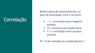 Correlação
Mede a força do relacionamento, ou
grau de associação, entre 2 variáveis.
▪ – 1 = correlação linear negativa
perfeita
▪ 0 = nenhuma correlação linear
▪ + 1 = correlação linear positiva
perfeita
R² = % de variação em y explicada por x.
 