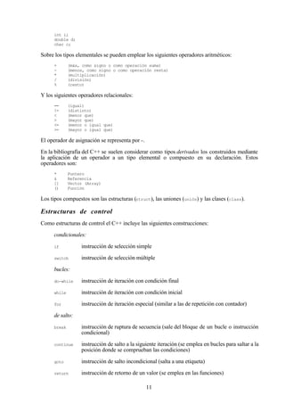 11
int i;
double d;
char c;
Sobre los tipos elementales se pueden emplear los siguientes operadores aritméticos:
+ (más, como signo o como operación suma)
- (menos, como signo o como operación resta)
* (multiplicación)
/ (división)
% (resto)
Y los siguientes operadores relacionales:
== (igual)
!= (distinto)
< (menor que)
> (mayor que)
<= (menor o igual que)
>= (mayor o igual que)
El operador de asignación se representa por =.
En la bibliografía del C++ se suelen considerar como tipos derivados los construidos mediante
la aplicación de un operador a un tipo elemental o compuesto en su declaración. Estos
operadores son:
* Puntero
& Referencia
[] Vector (Array)
() Función
Los tipos compuestos son las estructuras (struct), las uniones (unión) y las clases (class).
Estructuras de control
Como estructuras de control el C++ incluye las siguientes construcciones:
condicionales:
if instrucción de selección simple
switch instrucción de selección múltiple
bucles:
do-while instrucción de iteración con condición final
while instrucción de iteración con condición inicial
for instrucción de iteración especial (similar a las de repetición con contador)
de salto:
break instrucción de ruptura de secuencia (sale del bloque de un bucle o instrucción
condicional)
continue instrucción de salto a la siguiente iteración (se emplea en bucles para saltar a la
posición donde se comprueban las condiciones)
goto instrucción de salto incondicional (salta a una etiqueta)
return instrucción de retorno de un valor (se emplea en las funciones)
 