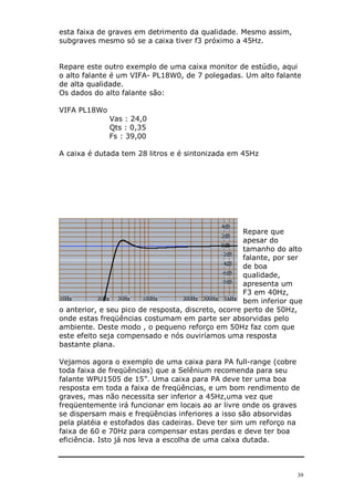 39
esta faixa de graves em detrimento da qualidade. Mesmo assim,
subgraves mesmo só se a caixa tiver f3 próximo a 45Hz.
Repare este outro exemplo de uma caixa monitor de estúdio, aqui
o alto falante é um VIFA- PL18W0, de 7 polegadas. Um alto falante
de alta qualidade.
Os dados do alto falante são:
VIFA PL18Wo
Vas : 24,0
Qts : 0,35
Fs : 39,00
A caixa é dutada tem 28 litros e é sintonizada em 45Hz
Repare que
apesar do
tamanho do alto
falante, por ser
de boa
qualidade,
apresenta um
F3 em 40Hz,
bem inferior que
o anterior, e seu pico de resposta, discreto, ocorre perto de 50Hz,
onde estas freqüências costumam em parte ser absorvidas pelo
ambiente. Deste modo , o pequeno reforço em 50Hz faz com que
este efeito seja compensado e nós ouviríamos uma resposta
bastante plana.
Vejamos agora o exemplo de uma caixa para PA full-range (cobre
toda faixa de freqüências) que a Selênium recomenda para seu
falante WPU1505 de 15”. Uma caixa para PA deve ter uma boa
resposta em toda a faixa de freqüências, e um bom rendimento de
graves, mas não necessita ser inferior a 45Hz,uma vez que
freqüentemente irá funcionar em locais ao ar livre onde os graves
se dispersam mais e freqüências inferiores a isso são absorvidas
pela platéia e estofados das cadeiras. Deve ter sim um reforço na
faixa de 60 e 70Hz para compensar estas perdas e deve ter boa
eficiência. Isto já nos leva a escolha de uma caixa dutada.
 