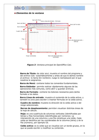 Elementos de la ventana




          Figura 3: Ventana principal de OpenOffice Calc.



   Barra de Título: de color azul, muestra el nombre del programa y
   del archivo Calc -automáticamente y antes de que le demos nombre
   al archivo– lo llama Sin nombre1; luego lo reemplazará por el que
   nosotros le asignamos.
   Barra de Menú: contiene todos los comandos fundamentales.
   Barra Estándar: permite realizar rápidamente algunas de las
   operaciones más comunes, como abrir y guardar archivos.
   Barra de Formato: contiene los botones necesarios para darles
   formato a los datos.
   Barra Línea de entrada: muestra el contenido de la celda activa, y
   también la zona para escribir o insertar fórmulas en la celda activa.
   Cuadro de nombre: muestra la dirección de la celda activa o del
   rango seleccionado.
   Barras de desplazamiento: permiten visualizar distintas áreas de
   la hoja de cálculo.
   Hoja: es una cuadrícula de columnas verticales (identificadas por
   letras) y filas horizontales (identificadas por números). La
   intersección de una columna y una fila constituye una celda. Cada
   celda se identifica por las coordenadas de la columna (letra) y de la
   fila (número), por ejemplo C6.
   Celda activa: es la celda que se visualiza con un borde grueso, en la
   que se puede escribir o modificar su contenido.

                                                                           6
 