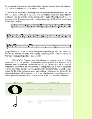 En un pentagrama, cuando una nota está en posición inferior, su sonido es grave,
y si está en posición superior, su sonido es agudo.

A continuación encontrará un pentagrama con algunas notas del estribillo del cán-
tico 133 Busca al Dios De tu salvación, y en la carpeta audios que descomprimió
junto con este documento, encontrará el archivo audio001.mp3, mientras lo re-
produce, trate de seguir los sonidos en el pentagrama y de identificar la altura de
los distintos sonidos.




¿Logró identificar las alturas en el pentagrama? Quizás haya resultado difícil por-
que en esa melodía hay notas muy largas y otras muy cortas. Esto nos lleva a ha-
blar sobre el segundo punto de esta sección:

       - Duración: Empezaremos diciendo que no hay una duración definida
para cada nota. Esto queda a criterio del intérprete y de las instrucciones que se
encuentren en la partitura. La duración de cada nota es relativa. Por lo tanto, no
mediremos su duración en milisegundos ni en segundos. En la música occidental
existen siete notas básicas, hay más, pero nuestro cancionero solo se usa 5 de esas
notas. Por lo tanto trataremos sobre esas notas y excluiremos las demás. De las
notas más largas está la redonda, a partir de ella dividimos en dos las siguientes
notas. A continuación encuentra una tabla que muestra el valor de cada nota.


        Nota              Nombre                      Duración


                           Redonda     El doble de una blanca.




                                       La mitad de una redonda, el doble de una
                            Blanca
                                       negra.
 