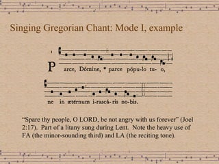 Singing Gregorian Chant: Mode I, example “ Spare thy people, O LORD, be not angry with us forever” (Joel 2:17).  Part of a litany sung during Lent.  Note the heavy use of FA (the minor-sounding third) and LA (the reciting tone). 