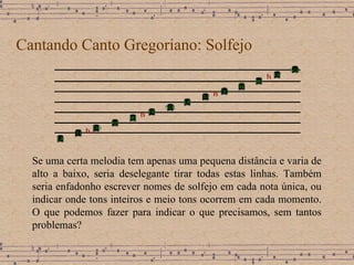 Cantando Canto Gregoriano: Solfejo Se uma certa melodia tem apenas uma pequena distância e varia de alto a baixo, seria deselegante tirar todas estas linhas. Também seria enfadonho escrever nomes de solfejo em cada nota única, ou indicar onde tons inteiros e meio tons ocorrem em cada momento. O que podemos fazer para indicar o que precisamos, sem tantos problemas? 