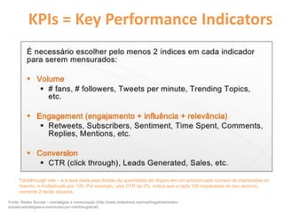 KPIs = Key Performance Indicators
Fonte: Redes Sociais – estratégias e mensuração (http://www.slideshare.net/marthagabriel/redes-
sociais-estrategias-e-mensurao-por-martha-gabriel)
*clickthrough rate – é a taxa dada pela divisão da quantidade de cliques em um anúncio pelo número de impressões do
mesmo, e multiplicado por 100. Por exemplo, uma CTR de 2%, indica que a cada 100 impressões do seu anúncio,
somente 2 serão clicados.
 