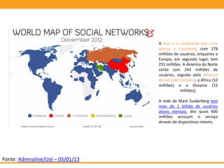 Fonte: Adrenaline/Uol – 05/01/13
A Ásia é o continente que mais
acessa o Facebook, com 278
milhões de usuários, enquanto a
Europa, em segundo lugar, tem
251 milhões. A América do Norte
conta com 243 milhões de
usuários, seguida pela América
do Sul (142 milhões), a África (52
milhões) e a Oceania (15
milhões).
A rede de Mark Zuckerberg tem
mais de 1 bilhão de usuários
ativos mensais, dos quais 600
milhões acessam o serviço
através de dispositivos móveis.
 