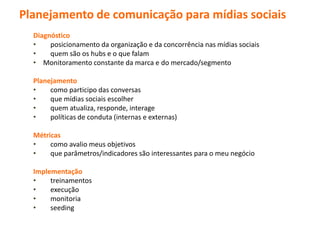 Planejamento de comunicação para mídias sociais
Diagnóstico
• posicionamento da organização e da concorrência nas mídias sociais
• quem são os hubs e o que falam
• Monitoramento constante da marca e do mercado/segmento
Planejamento
• como participo das conversas
• que mídias sociais escolher
• quem atualiza, responde, interage
• políticas de conduta (internas e externas)
Métricas
• como avalio meus objetivos
• que parâmetros/indicadores são interessantes para o meu negócio
Implementação
• treinamentos
• execução
• monitoria
• seeding
 