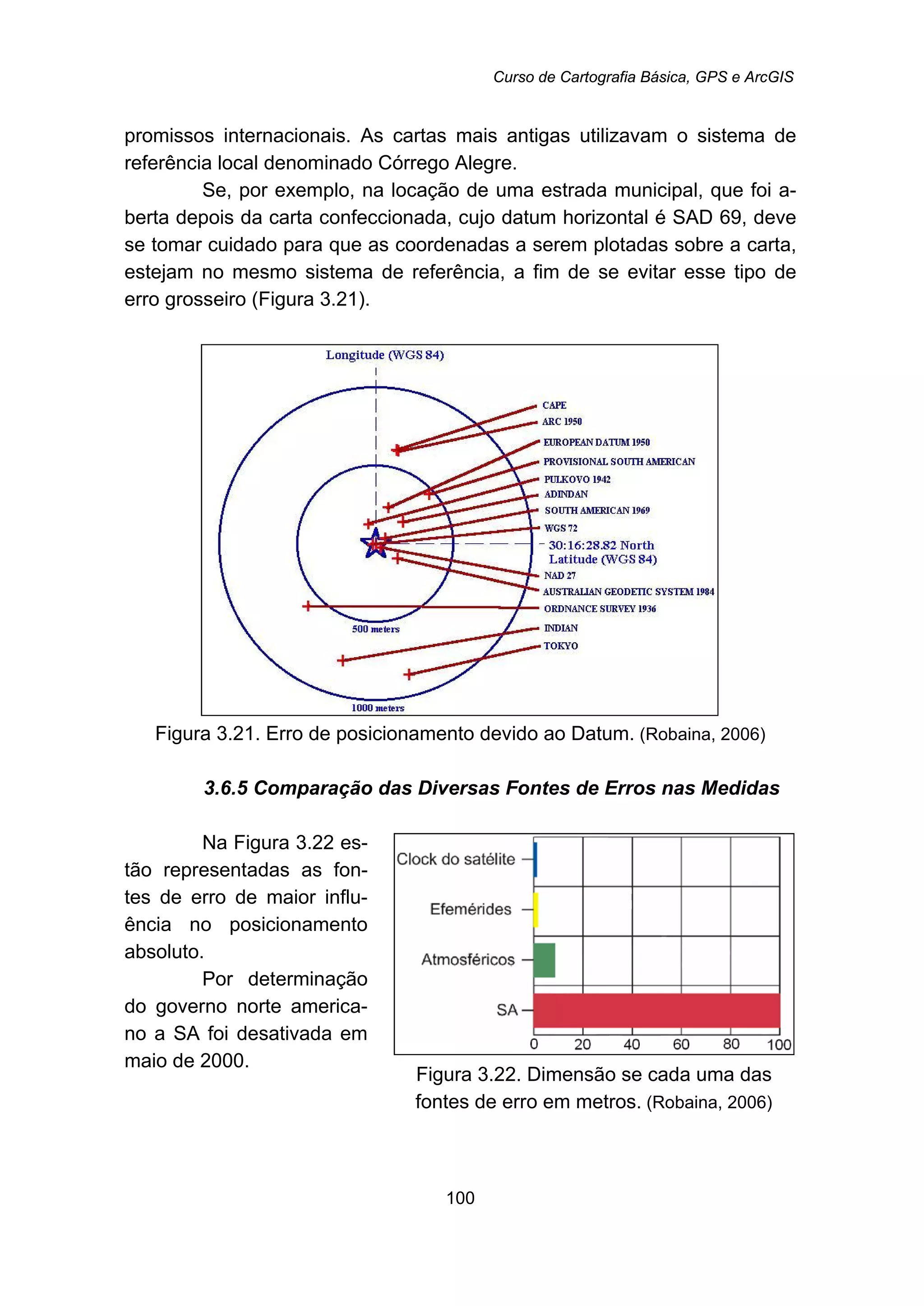 Curso de Cartografia Básica, GPS e ArcGIS
100
promissos internacionais. As cartas mais antigas utilizavam o sistema de
referência local denominado Córrego Alegre.
Se, por exemplo, na locação de uma estrada municipal, que foi a-
berta depois da carta confeccionada, cujo datum horizontal é SAD 69, deve
se tomar cuidado para que as coordenadas a serem plotadas sobre a carta,
estejam no mesmo sistema de referência, a fim de se evitar esse tipo de
erro grosseiro (Figura 3.21).
Figura 3.21. Erro de posicionamento devido ao Datum. (Robaina, 2006)
83B3.6.5 Comparação das Diversas Fontes de Erros nas Medidas
Na Figura 3.22 es-
tão representadas as fon-
tes de erro de maior influ-
ência no posicionamento
absoluto.
Por determinação
do governo norte america-
no a SA foi desativada em
maio de 2000.
Figura 3.22. Dimensão se cada uma das
fontes de erro em metros. (Robaina, 2006)
 