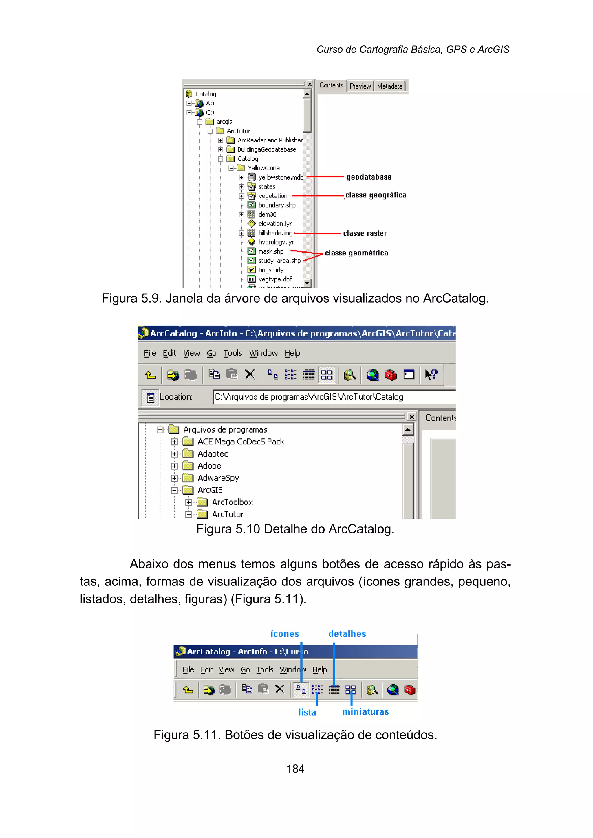 Curso de Cartografia Básica, GPS e ArcGIS
184
Figura 5.9. Janela da árvore de arquivos visualizados no ArcCatalog.
Figura 5.10 Detalhe do ArcCatalog.
Abaixo dos menus temos alguns botões de acesso rápido às pas-
tas, acima, formas de visualização dos arquivos (ícones grandes, pequeno,
listados, detalhes, figuras) (Figura 5.11).
Figura 5.11. Botões de visualização de conteúdos.
 