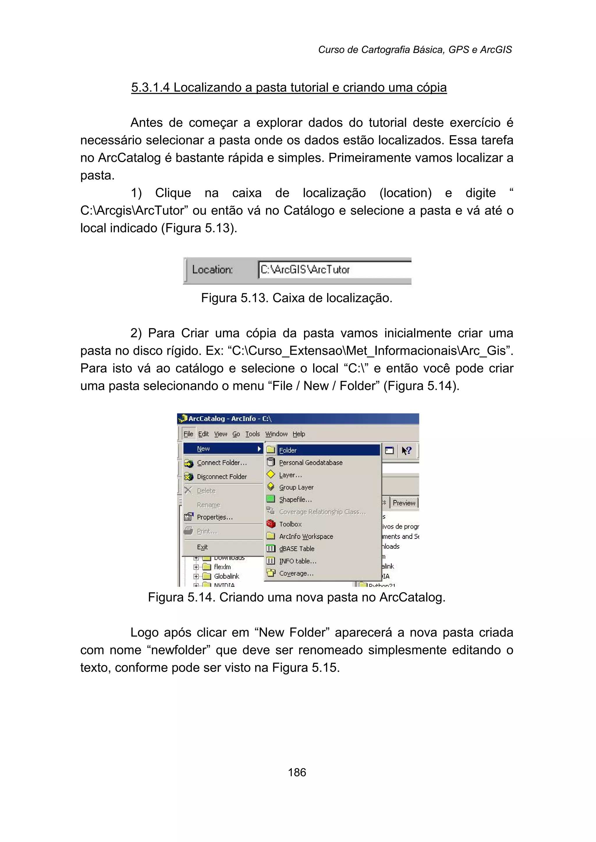 Curso de Cartografia Básica, GPS e ArcGIS
186
5.3.1.4 Localizando a pasta tutorial e criando uma cópia
Antes de começar a explorar dados do tutorial deste exercício é
necessário selecionar a pasta onde os dados estão localizados. Essa tarefa
no ArcCatalog é bastante rápida e simples. Primeiramente vamos localizar a
pasta.
1) Clique na caixa de localização (location) e digite “
C:ArcgisArcTutor” ou então vá no Catálogo e selecione a pasta e vá até o
local indicado (Figura 5.13).
Figura 5.13. Caixa de localização.
2) Para Criar uma cópia da pasta vamos inicialmente criar uma
pasta no disco rígido. Ex: “C:Curso_ExtensaoMet_InformacionaisArc_Gis”.
Para isto vá ao catálogo e selecione o local “C:” e então você pode criar
uma pasta selecionando o menu “File / New / Folder” (Figura 5.14).
Figura 5.14. Criando uma nova pasta no ArcCatalog.
Logo após clicar em “New Folder” aparecerá a nova pasta criada
com nome “newfolder” que deve ser renomeado simplesmente editando o
texto, conforme pode ser visto na Figura 5.15.
 