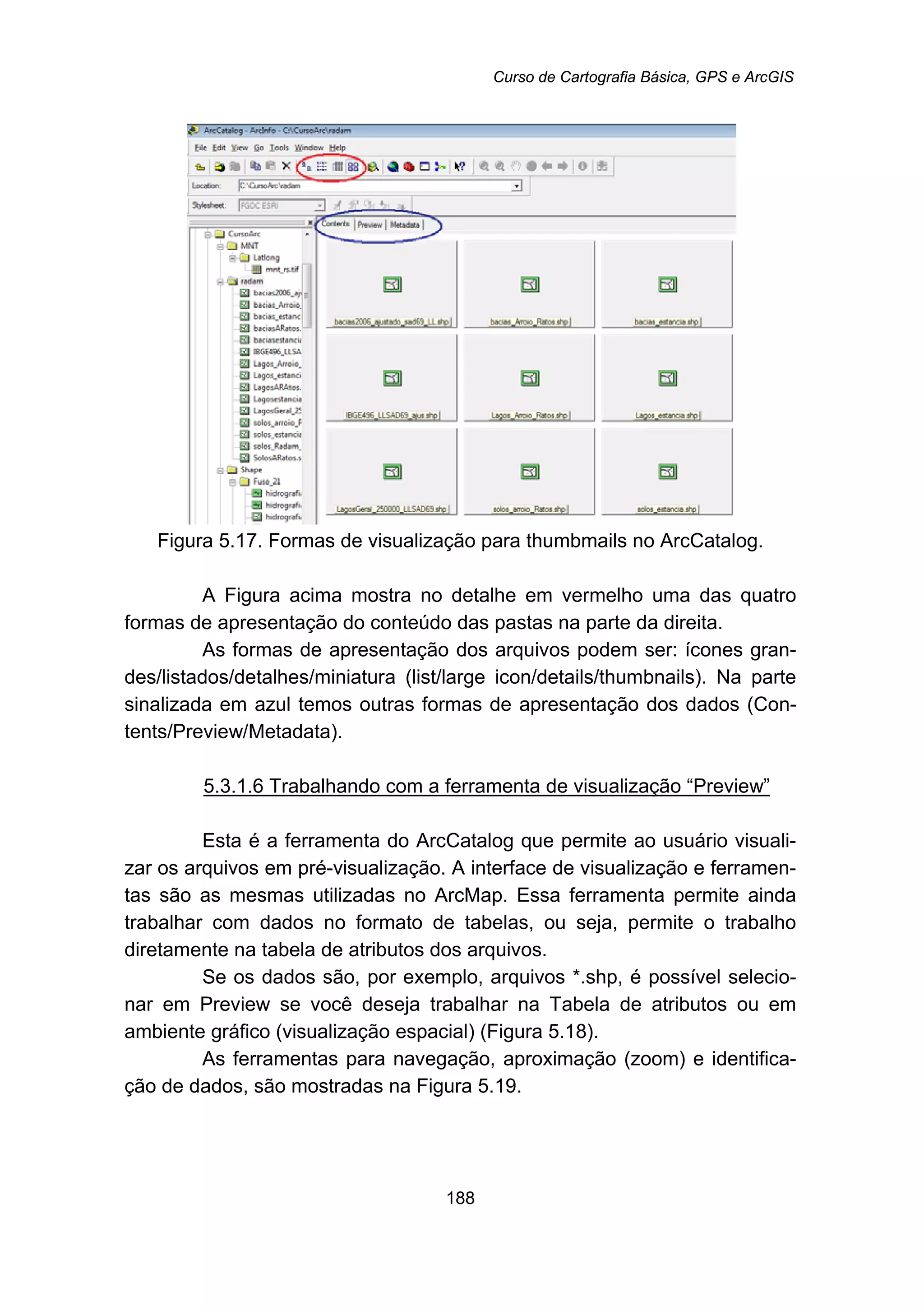 Curso de Cartografia Básica, GPS e ArcGIS
188
Figura 5.17. Formas de visualização para thumbmails no ArcCatalog.
A Figura acima mostra no detalhe em vermelho uma das quatro
formas de apresentação do conteúdo das pastas na parte da direita.
As formas de apresentação dos arquivos podem ser: ícones gran-
des/listados/detalhes/miniatura (list/large icon/details/thumbnails). Na parte
sinalizada em azul temos outras formas de apresentação dos dados (Con-
tents/Preview/Metadata).
5.3.1.6 Trabalhando com a ferramenta de visualização “Preview”
Esta é a ferramenta do ArcCatalog que permite ao usuário visuali-
zar os arquivos em pré-visualização. A interface de visualização e ferramen-
tas são as mesmas utilizadas no ArcMap. Essa ferramenta permite ainda
trabalhar com dados no formato de tabelas, ou seja, permite o trabalho
diretamente na tabela de atributos dos arquivos.
Se os dados são, por exemplo, arquivos *.shp, é possível selecio-
nar em Preview se você deseja trabalhar na Tabela de atributos ou em
ambiente gráfico (visualização espacial) (Figura 5.18).
As ferramentas para navegação, aproximação (zoom) e identifica-
ção de dados, são mostradas na Figura 5.19.
 