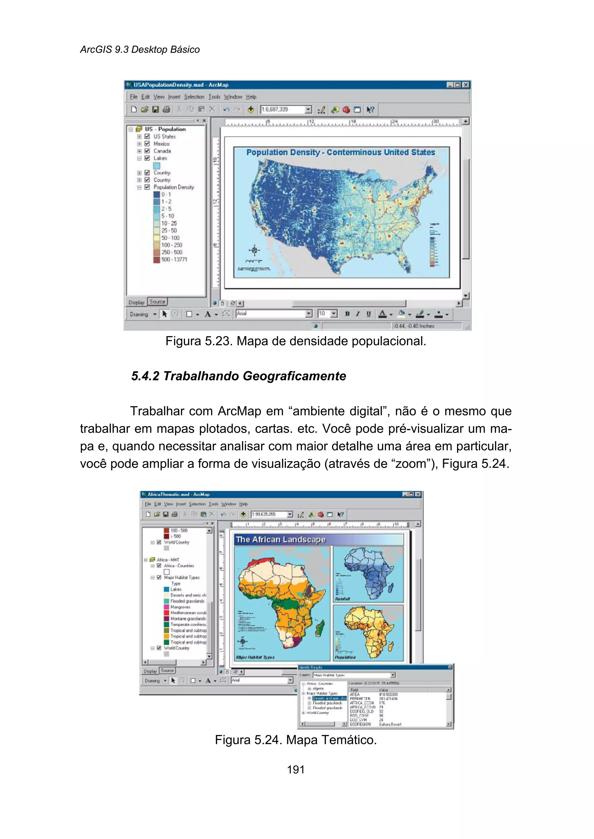 ArcGIS 9.3 Desktop Básico
191
Figura 5.23. Mapa de densidade populacional.
5.4.2 Trabalhando Geograficamente
Trabalhar com ArcMap em “ambiente digital”, não é o mesmo que
trabalhar em mapas plotados, cartas. etc. Você pode pré-visualizar um ma-
pa e, quando necessitar analisar com maior detalhe uma área em particular,
você pode ampliar a forma de visualização (através de “zoom”), Figura 5.24.
Figura 5.24. Mapa Temático.
 
