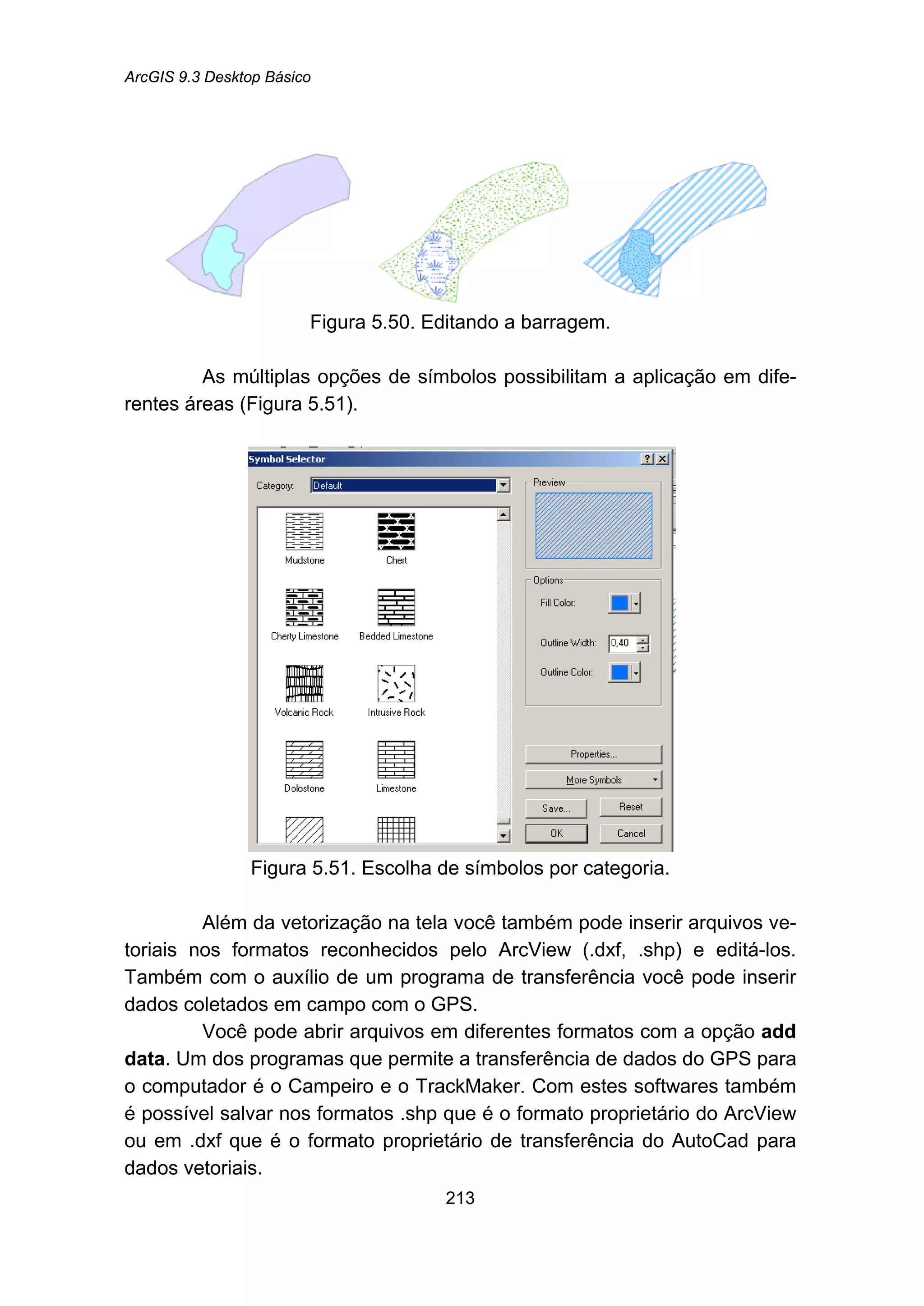 ArcGIS 9.3 Desktop Básico
213
Figura 5.50. Editando a barragem.
As múltiplas opções de símbolos possibilitam a aplicação em dife-
rentes áreas (Figura 5.51).
Figura 5.51. Escolha de símbolos por categoria.
Além da vetorização na tela você também pode inserir arquivos ve-
toriais nos formatos reconhecidos pelo ArcView (.dxf, .shp) e editá-los.
Também com o auxílio de um programa de transferência você pode inserir
dados coletados em campo com o GPS.
Você pode abrir arquivos em diferentes formatos com a opção add
data. Um dos programas que permite a transferência de dados do GPS para
o computador é o Campeiro e o TrackMaker. Com estes softwares também
é possível salvar nos formatos .shp que é o formato proprietário do ArcView
ou em .dxf que é o formato proprietário de transferência do AutoCad para
dados vetoriais.
 