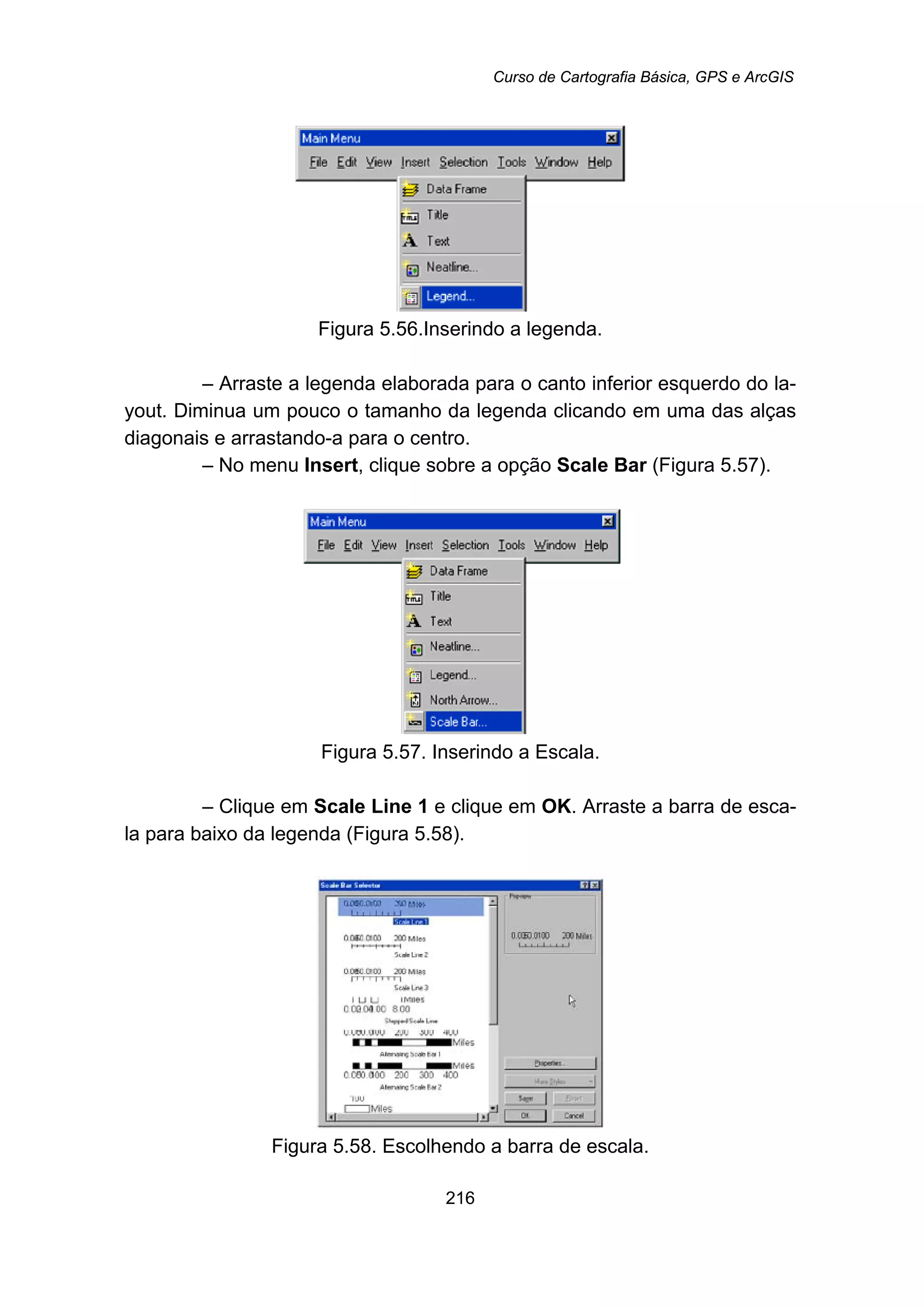 Curso de Cartografia Básica, GPS e ArcGIS
216
Figura 5.56.Inserindo a legenda.
– Arraste a legenda elaborada para o canto inferior esquerdo do la-
yout. Diminua um pouco o tamanho da legenda clicando em uma das alças
diagonais e arrastando-a para o centro.
– No menu Insert, clique sobre a opção Scale Bar (Figura 5.57).
Figura 5.57. Inserindo a Escala.
– Clique em Scale Line 1 e clique em OK. Arraste a barra de esca-
la para baixo da legenda (Figura 5.58).
Figura 5.58. Escolhendo a barra de escala.
 