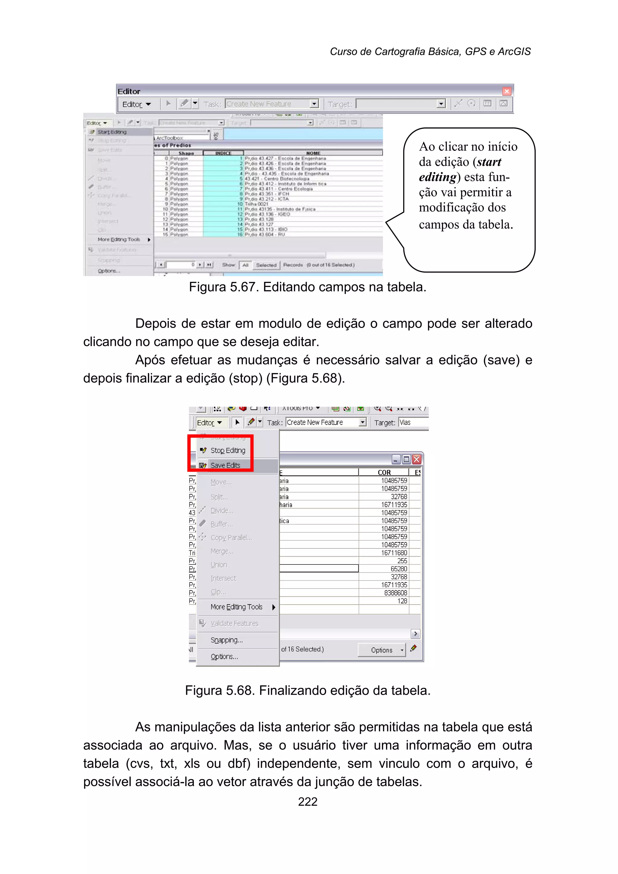 Curso de Cartografia Básica, GPS e ArcGIS
222
Figura 5.67. Editando campos na tabela.
Depois de estar em modulo de edição o campo pode ser alterado
clicando no campo que se deseja editar.
Após efetuar as mudanças é necessário salvar a edição (save) e
depois finalizar a edição (stop) (Figura 5.68).
Figura 5.68. Finalizando edição da tabela.
As manipulações da lista anterior são permitidas na tabela que está
associada ao arquivo. Mas, se o usuário tiver uma informação em outra
tabela (cvs, txt, xls ou dbf) independente, sem vinculo com o arquivo, é
possível associá-la ao vetor através da junção de tabelas.
Ao clicar no início
da edição (start
editing) esta fun-
ção vai permitir a
modificação dos
campos da tabela.
 