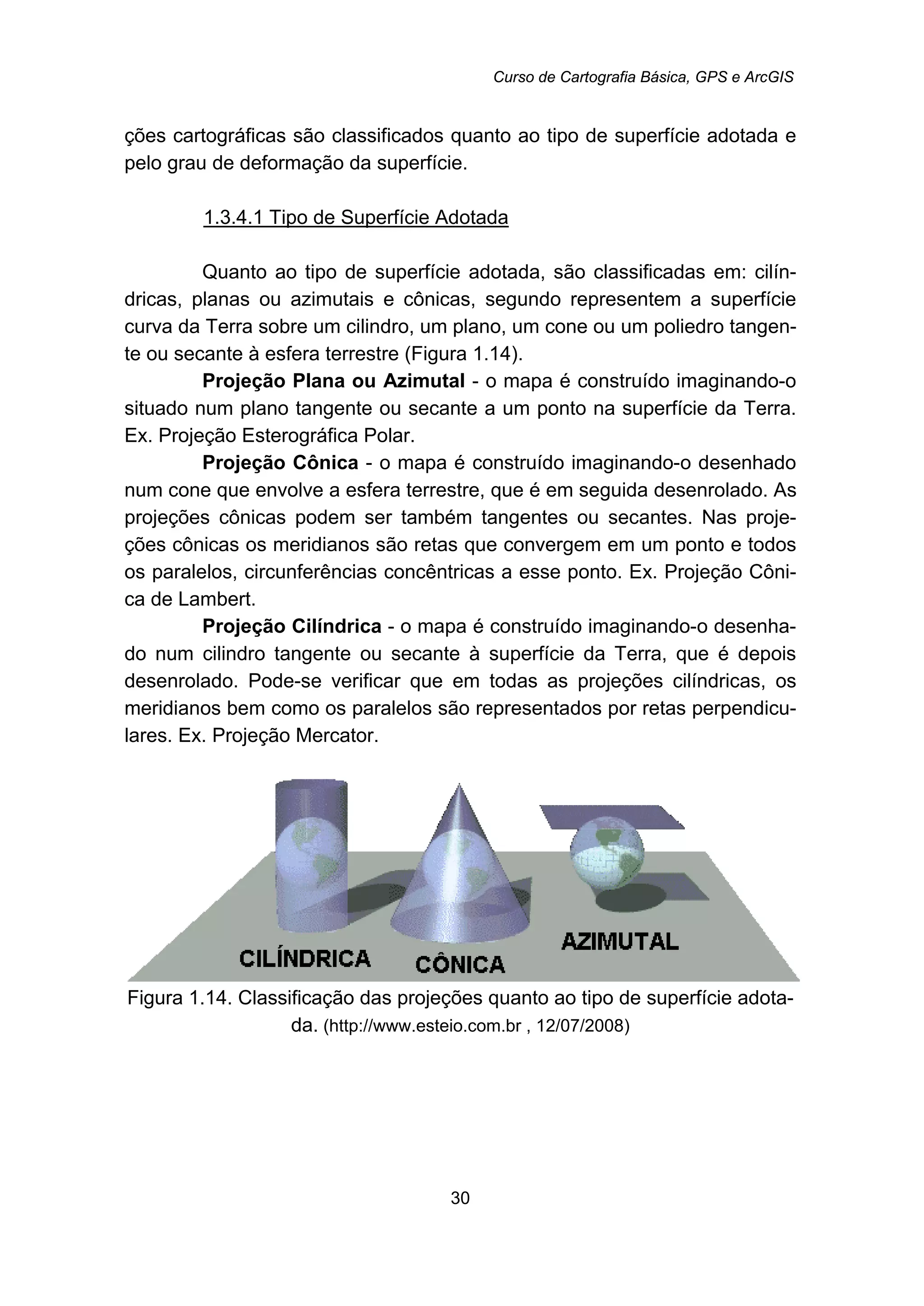 Curso de Cartografia Básica, GPS e ArcGIS
30
ções cartográficas são classificados quanto ao tipo de superfície adotada e
pelo grau de deformação da superfície.
1.3.4.1 Tipo de Superfície Adotada
Quanto ao tipo de superfície adotada, são classificadas em: cilín-
dricas, planas ou azimutais e cônicas, segundo representem a superfície
curva da Terra sobre um cilindro, um plano, um cone ou um poliedro tangen-
te ou secante à esfera terrestre (Figura 1.14).
Projeção Plana ou Azimutal - o mapa é construído imaginando-o
situado num plano tangente ou secante a um ponto na superfície da Terra.
Ex. Projeção Esterográfica Polar.
Projeção Cônica - o mapa é construído imaginando-o desenhado
num cone que envolve a esfera terrestre, que é em seguida desenrolado. As
projeções cônicas podem ser também tangentes ou secantes. Nas proje-
ções cônicas os meridianos são retas que convergem em um ponto e todos
os paralelos, circunferências concêntricas a esse ponto. Ex. Projeção Côni-
ca de Lambert.
Projeção Cilíndrica - o mapa é construído imaginando-o desenha-
do num cilindro tangente ou secante à superfície da Terra, que é depois
desenrolado. Pode-se verificar que em todas as projeções cilíndricas, os
meridianos bem como os paralelos são representados por retas perpendicu-
lares. Ex. Projeção Mercator.
Figura 1.14. Classificação das projeções quanto ao tipo de superfície adota-
da. (http://www.esteio.com.br , 12/07/2008)
 
